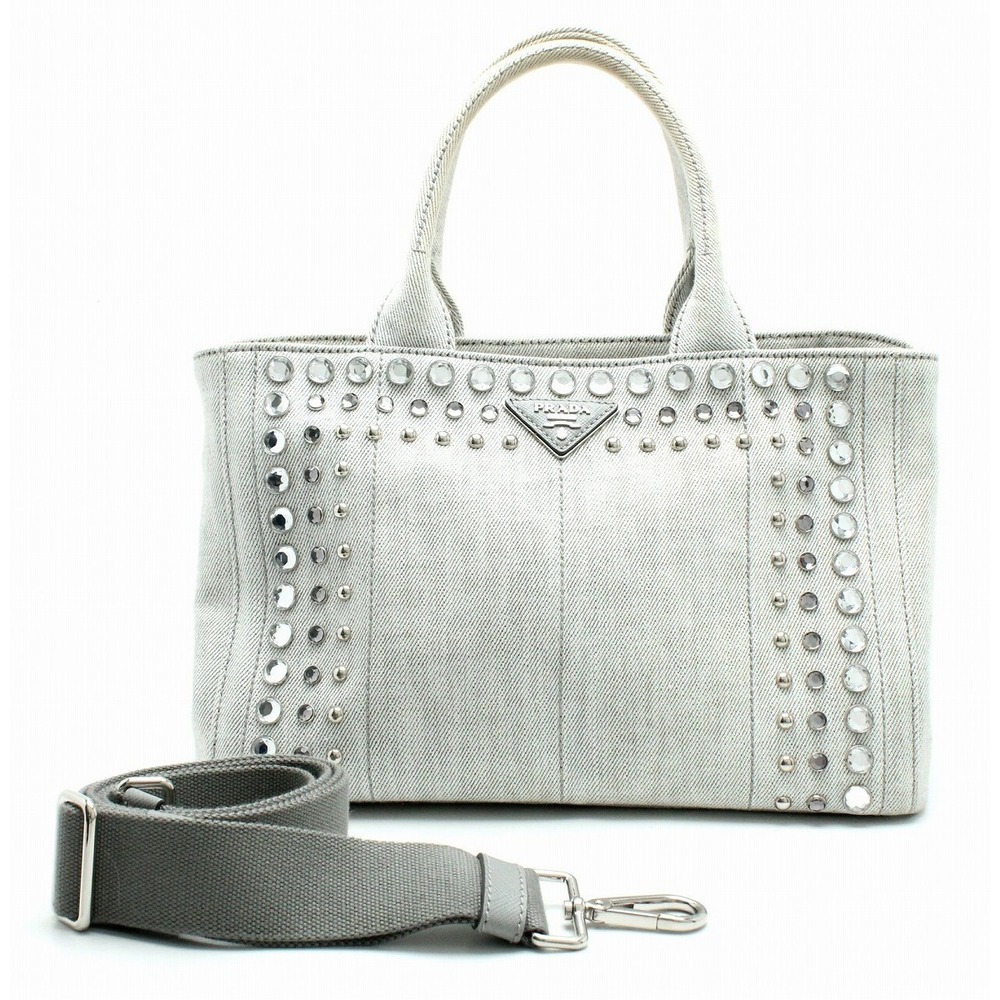 Prada Bijou Canapa Blue Denim Tote Bag Handbag Studded - Picture 2 of 9